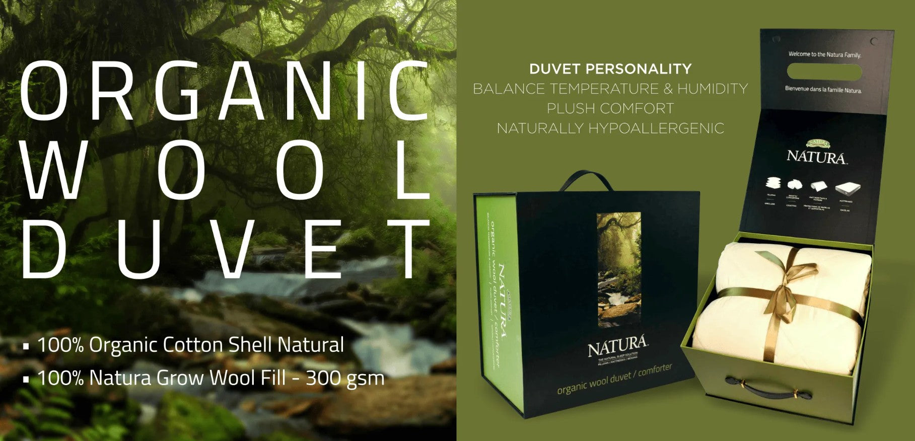 Organic wool duvet packaging and product presentation on an olive green background. The left side features large white text reading 'ORGANIC WOOL DUVET' over a forest stream photo, with bullet points about 100% organic cotton shell and 100% Natura grow wool fill.