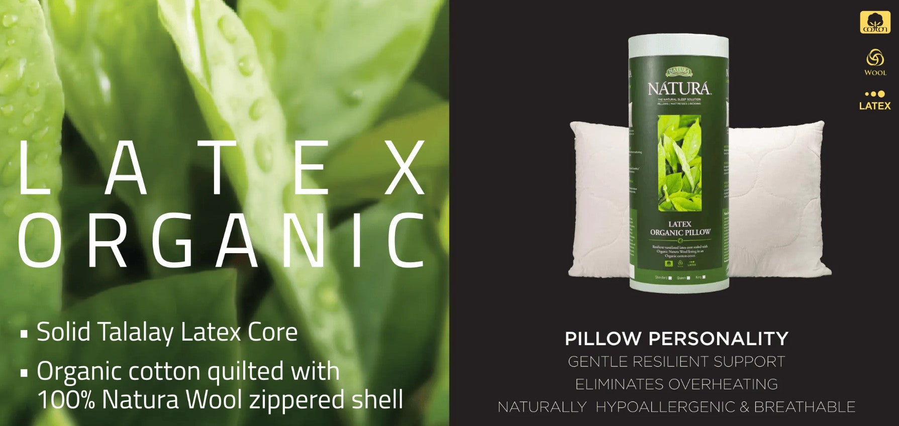 Natura Organic Latex Pillow - All Natural Talalay Latex Core.