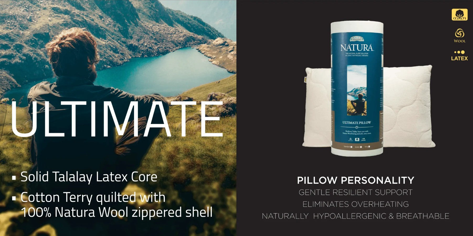Natura Ultimate Talalay Latex Pillow - Covered in Cotton Terry and Wool.