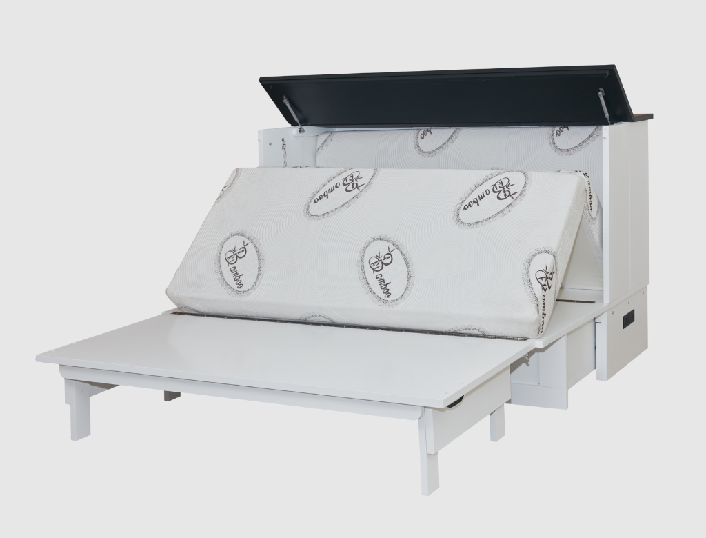 White bed with a black tray on a white background