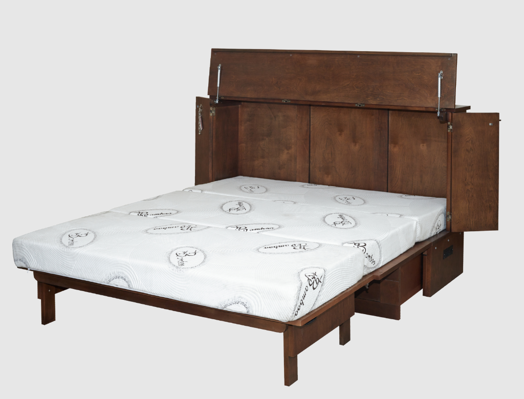 Wooden bed frame with a mattress on a white background