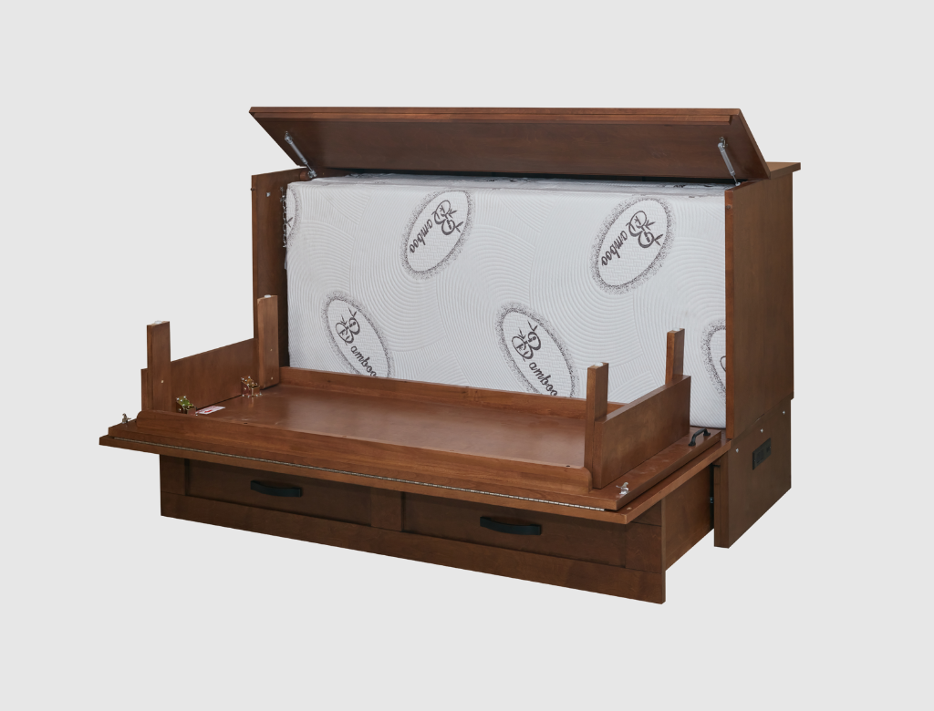 A brown wooden storage bed frame with its lift-up lid open, revealing a white mattress inside, set against a plain light gray background.