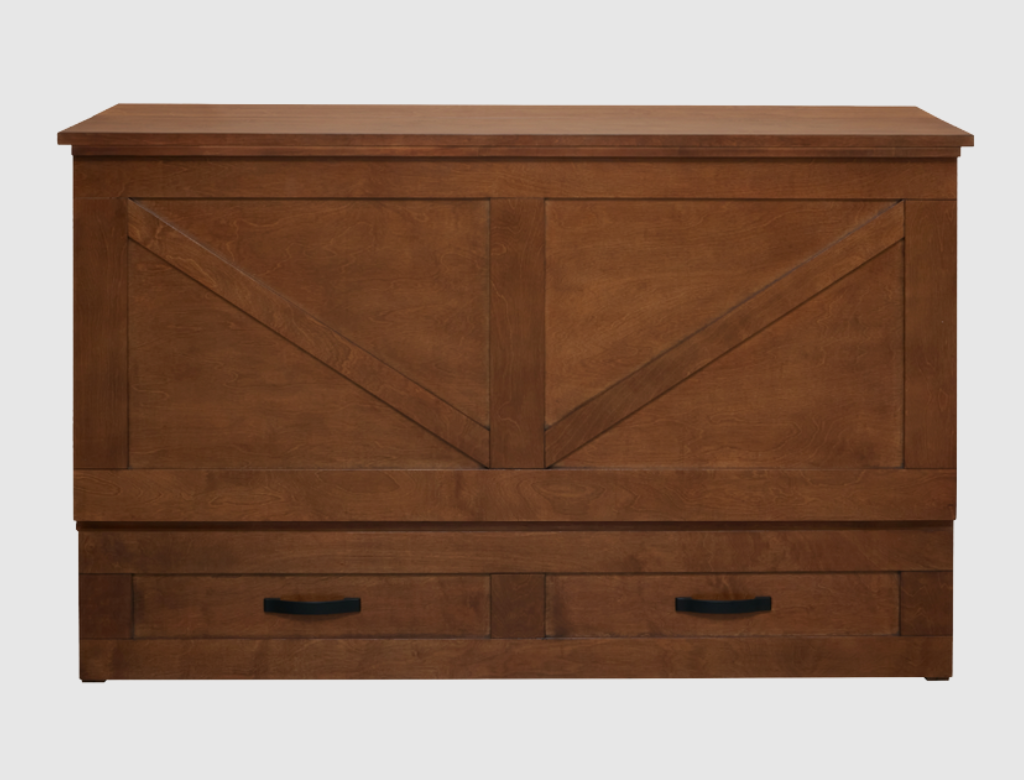 Wooden storage chest with two drawers on a white background