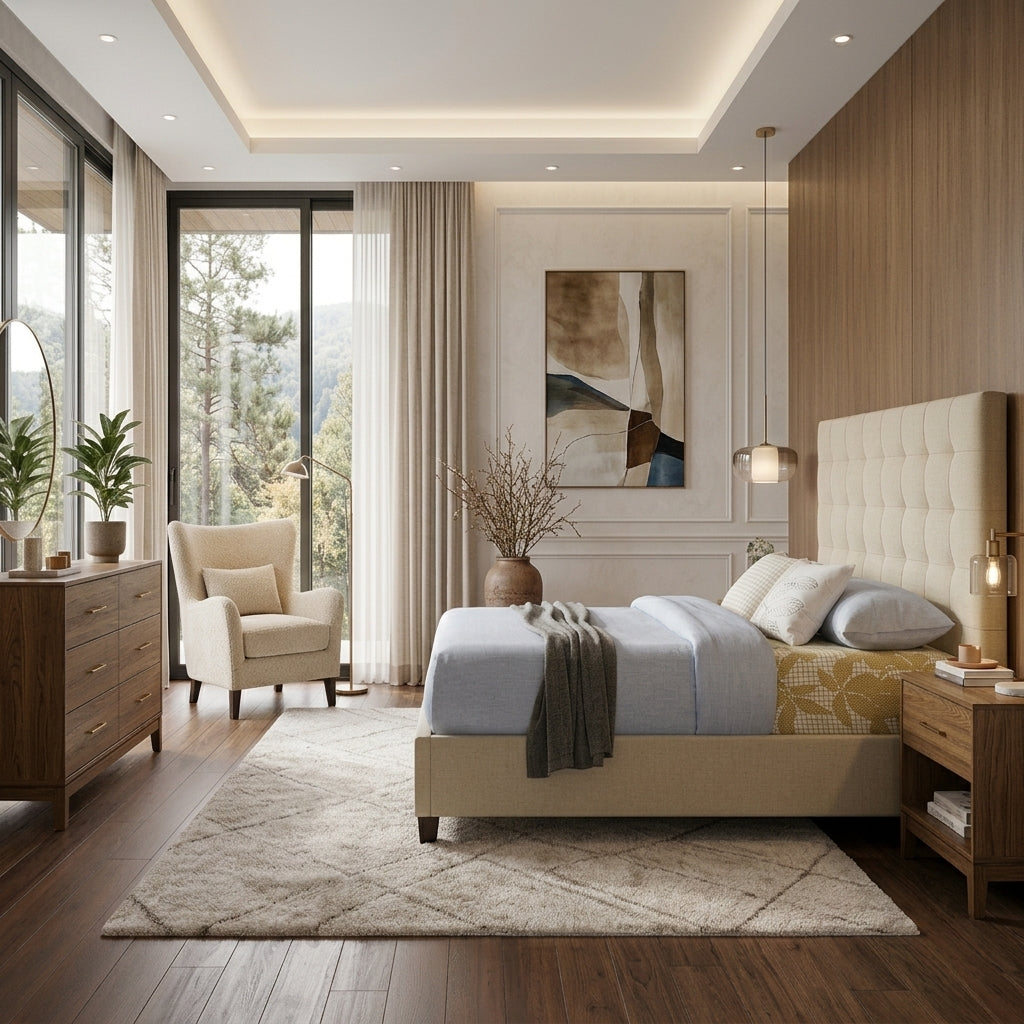 Beige Tufted Headboard and Platform Base