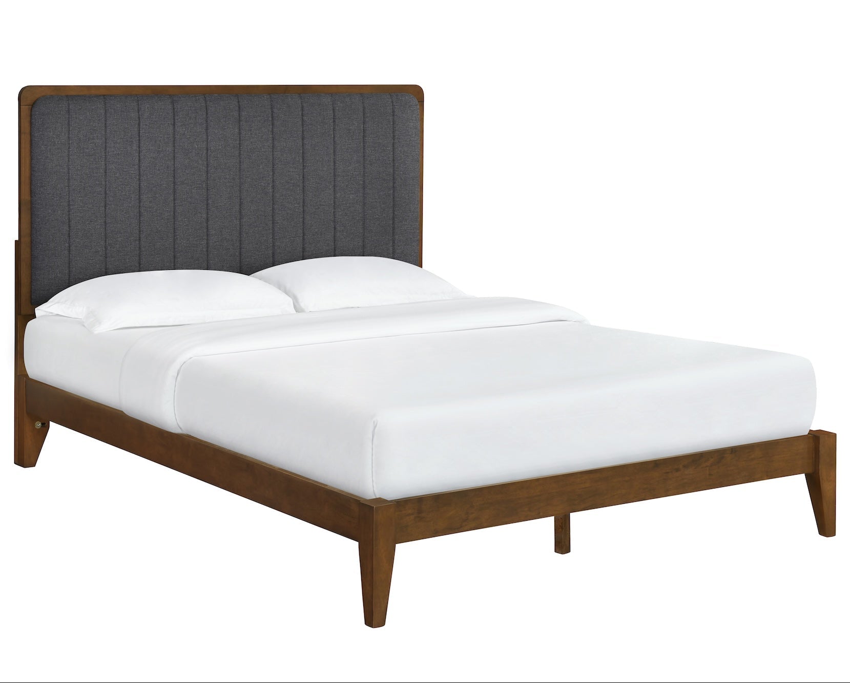 Upholstered Dark Grey Platform Bed with Walnut Colored Base