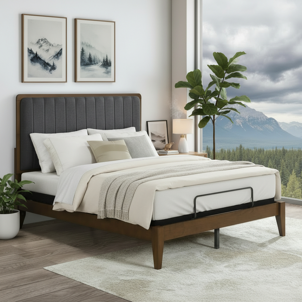 A modern wooden bed frame with a dark gray tufted headboard, styled with neutral bedding in a bright bedroom. Large windows show a scenic view of mountains and a forest, and two framed landscape prints hang on the wall above the bed.