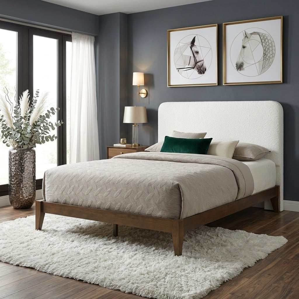 Luna White Boucle Headboard with soft and round curves.
