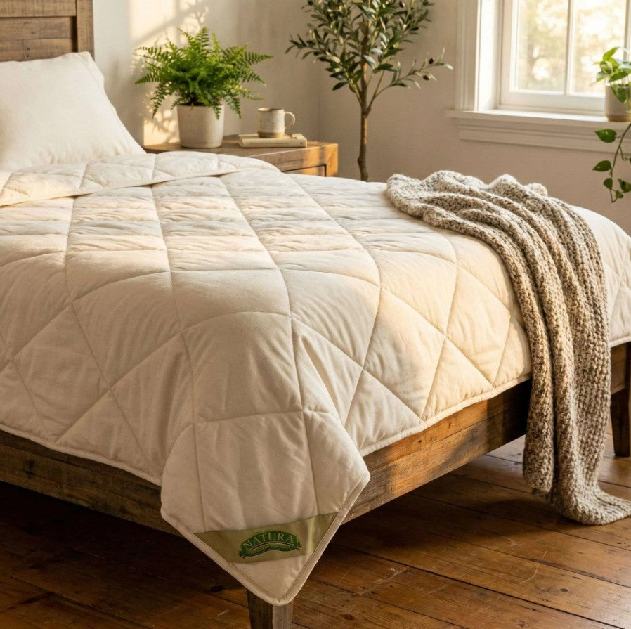 Organic Wool Duvet Comfoter made from 100% Sheeps wool with an organic cotton cover.