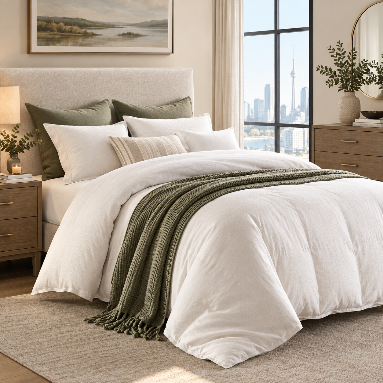 A neatly made bed in a styled bedroom, featuring a white duvet cover, multiple white and olive green pillows, a textured olive green throw blanket draped across the foot, a beige upholstered headboard, wood nightstands, and a large window with a city view.