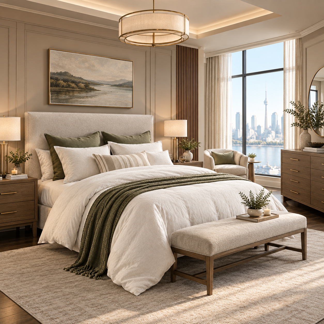 A beautifully styled bedroom featuring a large bed dressed in white linens with green and beige accent pillows and a green throw blanket. The room has elegant beige walls, a matching upholstered bed headboard, a wooden bench at the foot of the bed, a large window with a city skyline view, and tasteful decor.