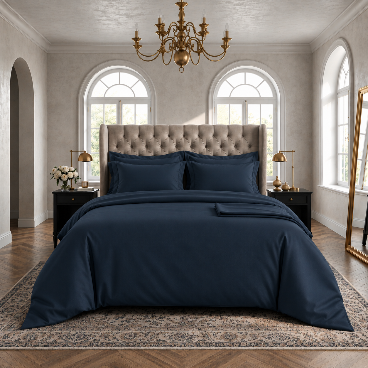 Cuddle Down Renaissance Egyptian Cotton Sateen Sheet Sets. In Marine Blue.