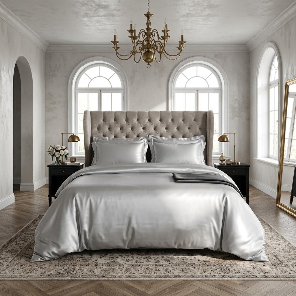 Cuddle Down Renaissance Egyptian Cotton Sateen Sheet Sets. In Silver